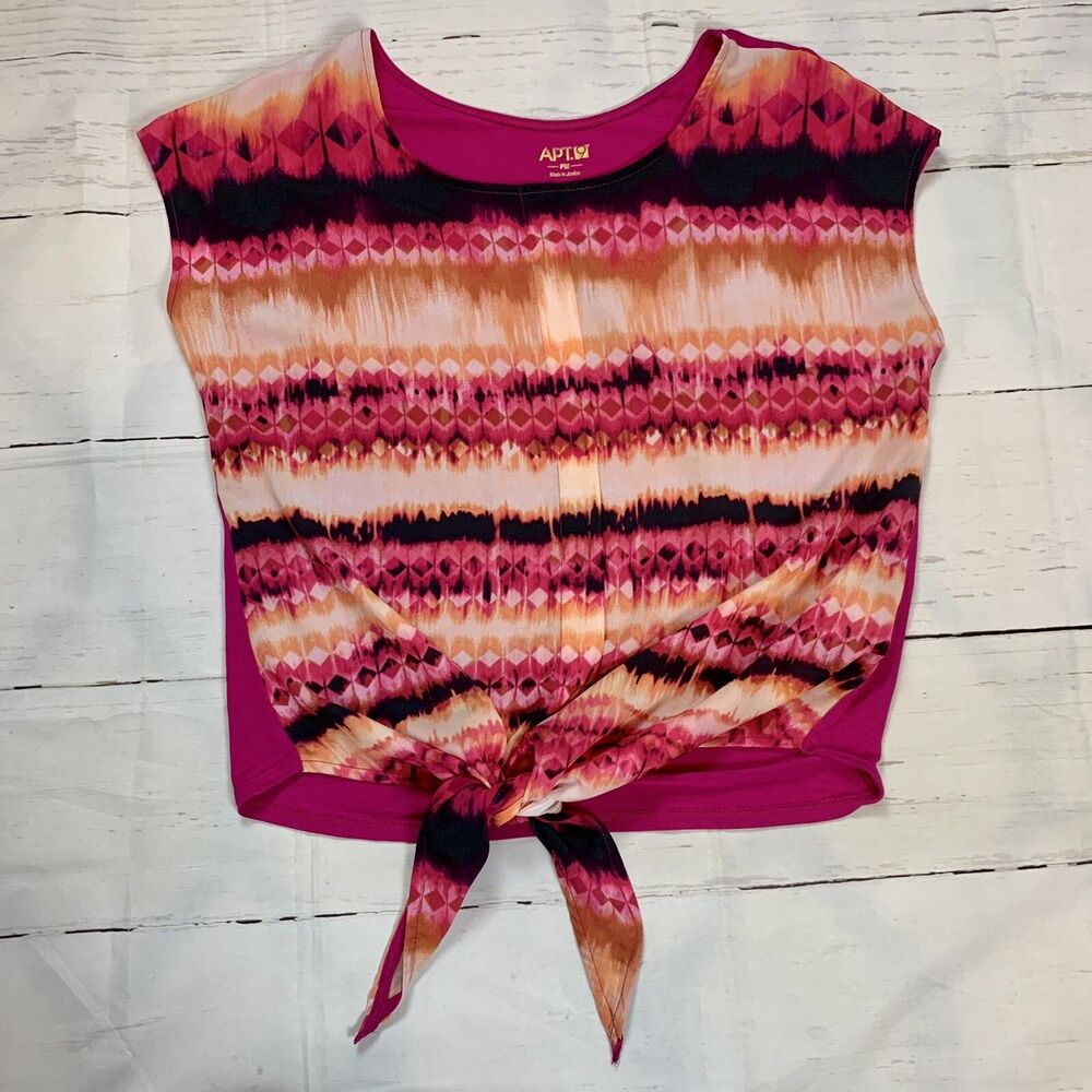Art9 Women's top tee Striped Cropped tie PM petite Medium Beach Pink orange Geo